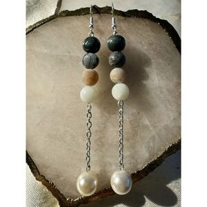 Artisan Drop Dangle Earrings 4" Green Natural Stones Ombre Stainless Holiday